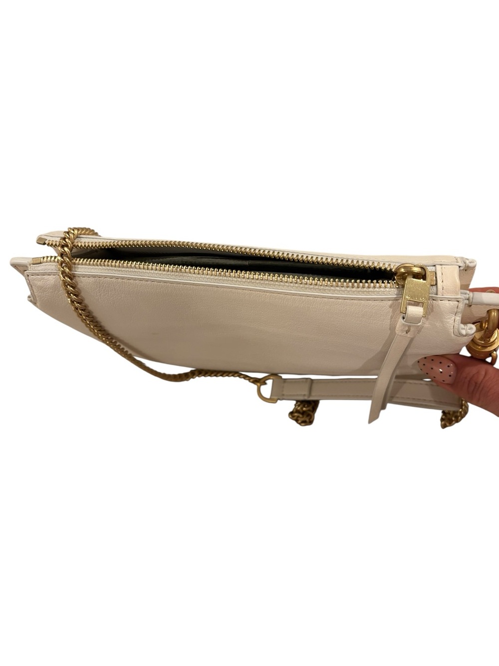 All Saint Leather Crossbody Bag in Cream with Gold Chain Strap - Picture 4 of 6